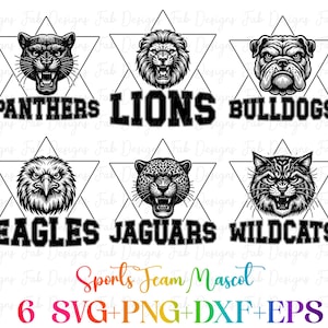 6つのスポーツスクールチーム SVG PNG。マスコットデザイン、スクールマスコット、フットボールチーム、スクールスピリット、トラ、ライオン、ワシ、パンサーズ、クマ、ワイルドキャッツなど