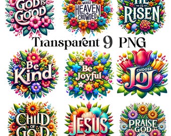 Paquete de 9 imágenes cristianas con motivos florales en formato PNG, Jesús en formato PNG, camiseta religiosa en formato PNG, versículo bíblico en formato PNG, espíritu en formato PNG, citas motivacionales, diseño de sublimación