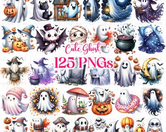 125 Cute Halloween Ghost Collection Clipart, Watercolor Halloween Clipart, Spooky Clipart Black Cat PNG Trick Or Treat Halloween Party Decor
