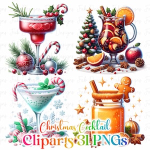 31 Christmas Cocktail Festive Drink Clipart PNG, Funny Xmas Alcohol Beer Liquor Wine Clip Art, Watercolor Holiday Beverage, Digital Download