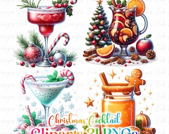 31 Christmas Cocktail Festive Drink Clipart PNG, Funny Xmas Alcohol Beer Liquor Wine Clip Art, Watercolor Holiday Beverage, Digital Download