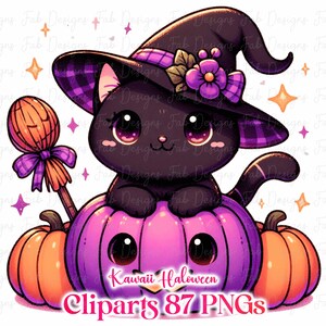 May include: A black cat wearing a witch hat sits atop a purple pumpkin, flanked by orange pumpkins. The cat has large eyes and is holding a broom. The image includes the text "Kawaii Halloween Cliparts 87 PNGs."