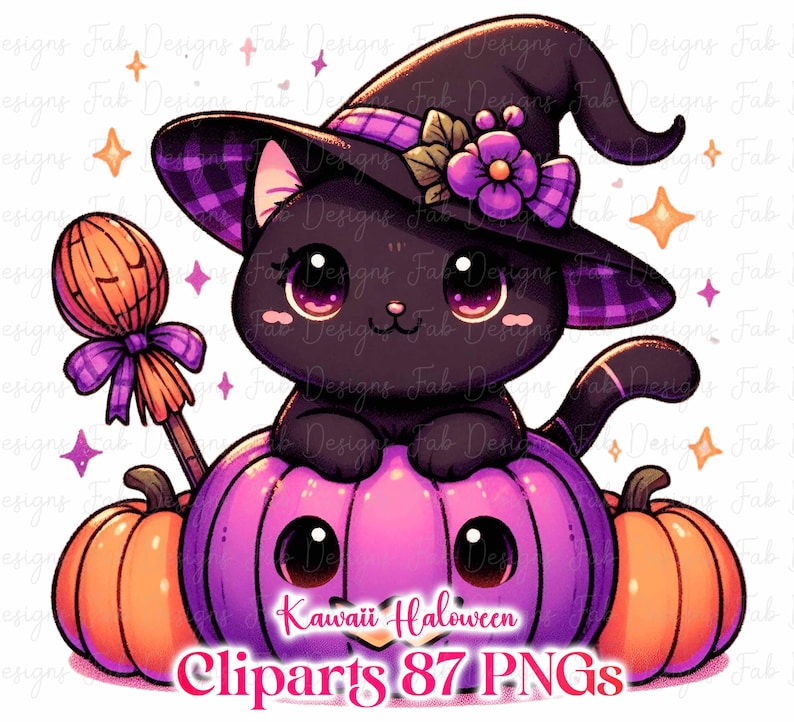 May include: A black cat wearing a witch hat sits atop a purple pumpkin, flanked by orange pumpkins. The cat has large eyes and is holding a broom. The image includes the text "Kawaii Halloween Cliparts 87 PNGs."