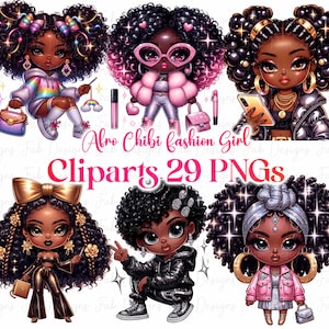 Black Chibi Girl Clipart Bundle: Afro Fashion Graphics (Digital Download