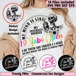 May include: A digital design featuring a skeleton holding a cup of coffee with the text "My mind is like my internet browser 19 tabs open 3 of them are frozen & I have no idea where the music is coming from".