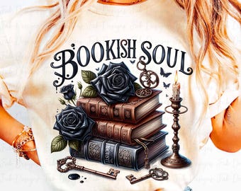 Bookish Soul PNG: Floral Books, Reader Design (Digital Download)
