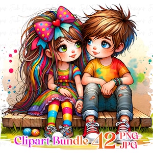 Paquete de 42 imágenes prediseñadas de amor de niños y niñas extravagantes y lindas, conjunto de imágenes prediseñadas de acuarela de niñas extravagantes, San Valentín de niñas extravagantes, niñas lindas y caprichosas, imágenes prediseñadas de amor