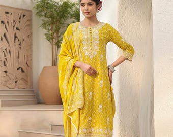Yellow Sanganeri Kurti Set: Indian Rayon Kurti with Dupatta