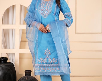 Sanganeri Embroidery Kurti Set: Indian Cotton Kurti with Dupatta
