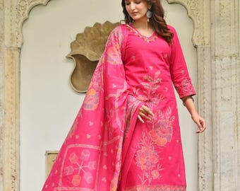 Floral Print Cotton Kurti Set: Indian 3-Piece Top, Pant & Dupatta