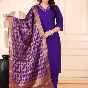 Ethnic Kurti Suit Purple Golden Kurti Readymade, Straight Pattern Cotton Kurti Salwaar kameez with dupatta, Soft Comfortable All Day Wear