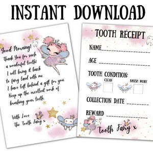 Carta da fada do dente e recibo de dente DOWNLOAD INSTANTÂNEO | Imprima em casa | Lembrança de bebê criança | Imprimível