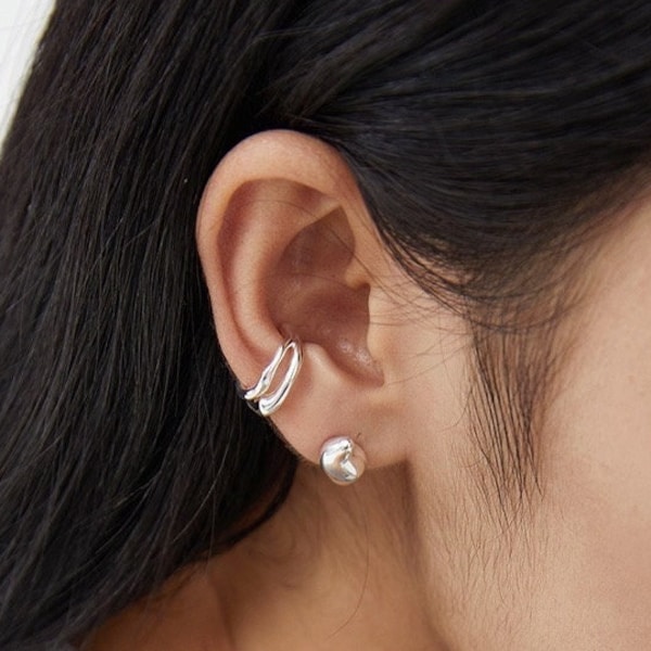 Manchette d'oreille en argent massif lave volcanique - Boucles d'oreilles manchette en argent sterling - Manchette d'oreille en argent 925 - Manchette cartilage - Sans piercing - Bijoux minimalistes