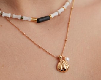 Sterling Silver or Gold Plated Shell with Pearl Pendant Necklace: S925 Silver, 18k Gold Plated