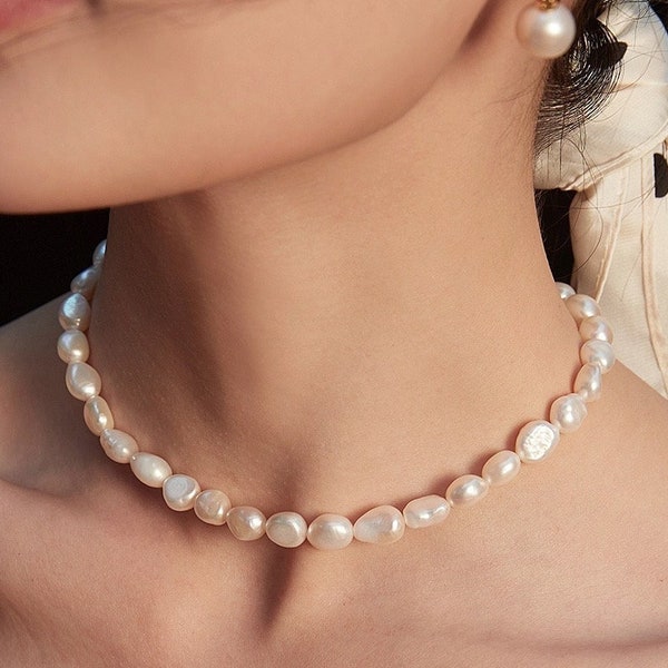 Gargantilla de collar de perlas barrocas naturales - Gargantilla de perlas irregulares - Collar de perlas de 7 mm 8 mm 9 mm - Collar delicado - Regalo del Día de la Madre para ella