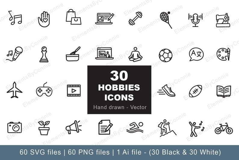 Hobby Icons, 30 Black and White Vector Designs in SVG and PNG image 1