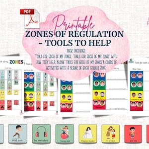 May include: Printable "Zones of Regulation" tools to help. The pack includes tools for each zone, tools with how they help, blank tools, and activity cards. The image features colorful charts and icons, including "Fiddle tool" and "Ear defenders."