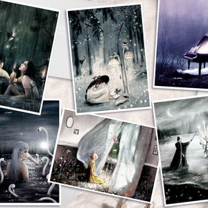 6 Mystieke Wenskaarten met enveloppen | Grillige, etherische bosillustraties | Dromerige bosdier natuurtaferelen | Hekserij