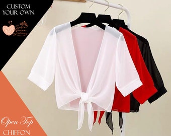 Women Tie Front Chiffon Shrug Short Sleeve Bridal jacket Cropped Sheer Bolero Shrug Cardigan Open Front Shirt Tops Summer Chiffon Blouse