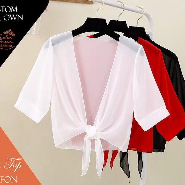 Women Tie Front Chiffon Shrug Short Sleeve Bridal jacket Cropped Sheer Bolero Shrug Cardigan Open Front Shirt Tops Summer Chiffon Blouse