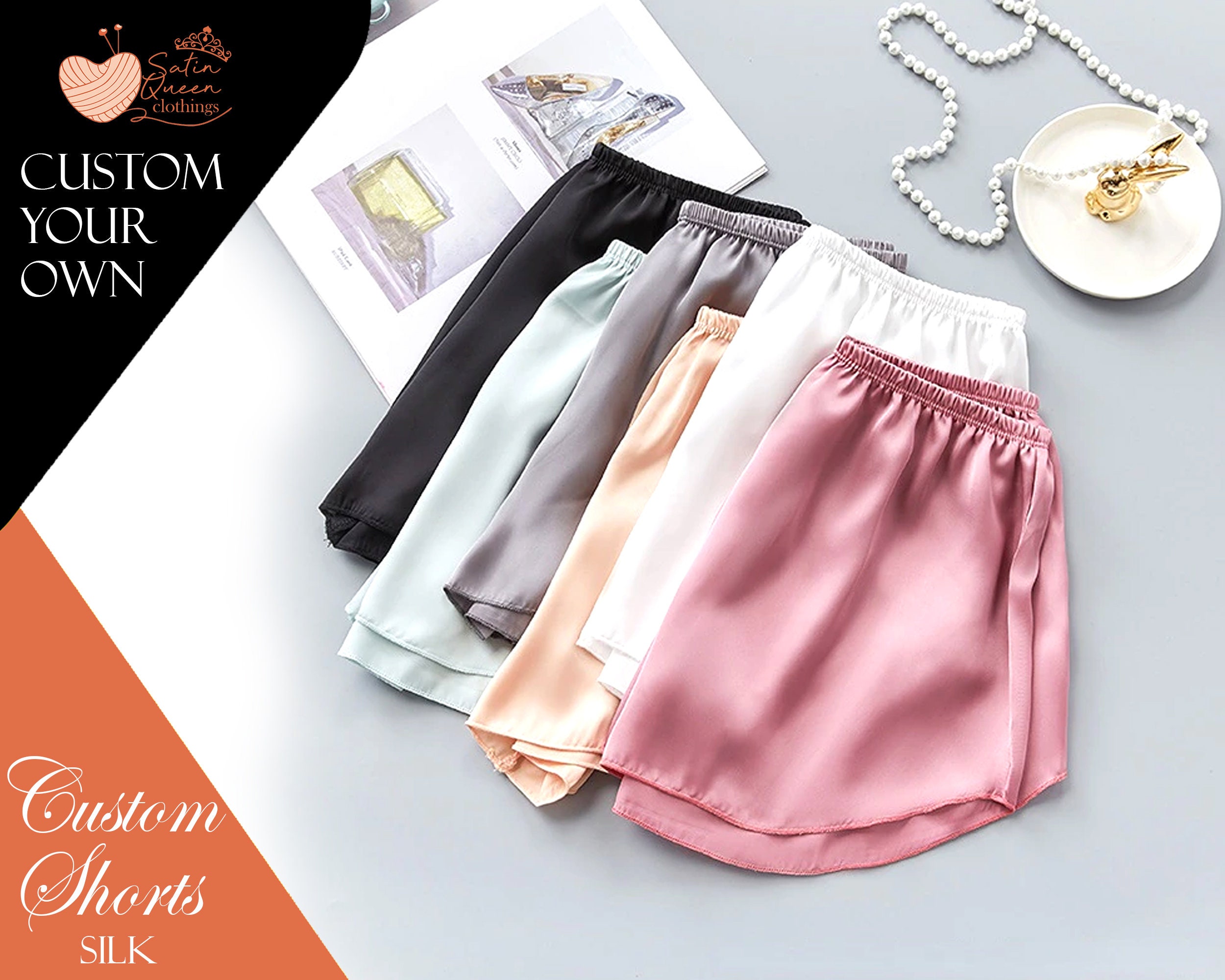 White silk shop shorts