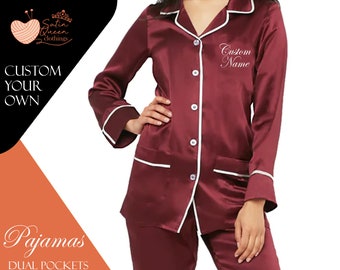 Bridesmaid Long Sleeve Double Pocket Pajamas Set | Women Luxury Pajama Set | Satin Long Pajama Set | Satin Pajamas Set | Valentines Day Gift