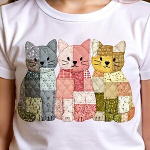 Patchwork Cat Trio PNG, Pastel Quilt Fabric Clipart (Digital Download)