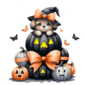 Halloween Puppy PNG, Witch Hat, Stacked Pumpkins (Digital Download)