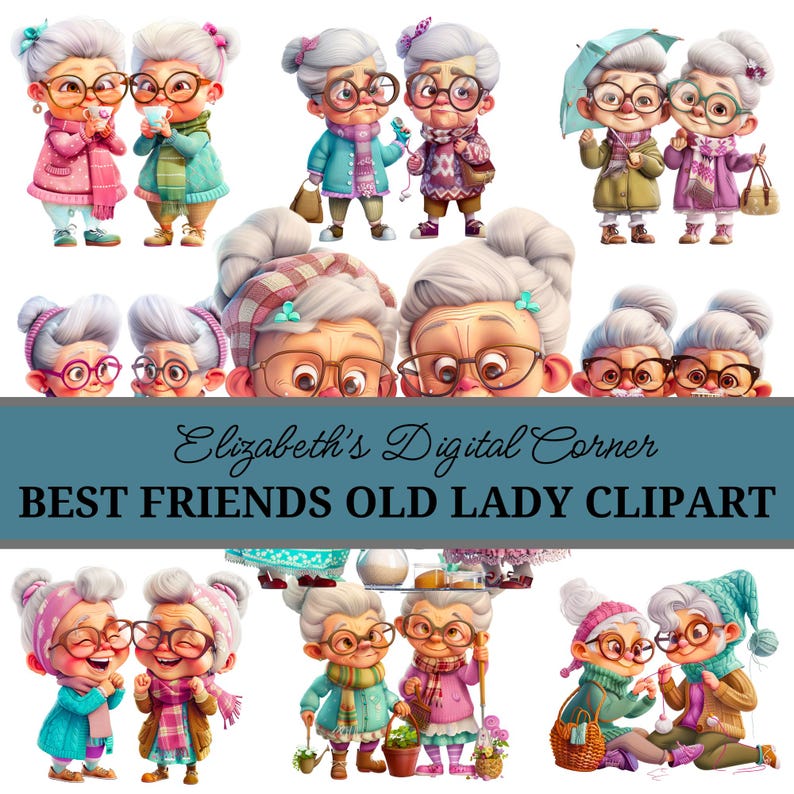 Old Lady Clipart Bundle, Best Friends Digital Art, Granny Clip Art ...