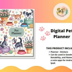 Op de afbeelding: Een digitale dierenplanner met spiraalbinding, met een aquarel illustratie van katten en honden. De omslag toont de tekst "Pet Planner" en pootafdrukken. De planner is ontworpen voor gebruik met notitie-apps.
