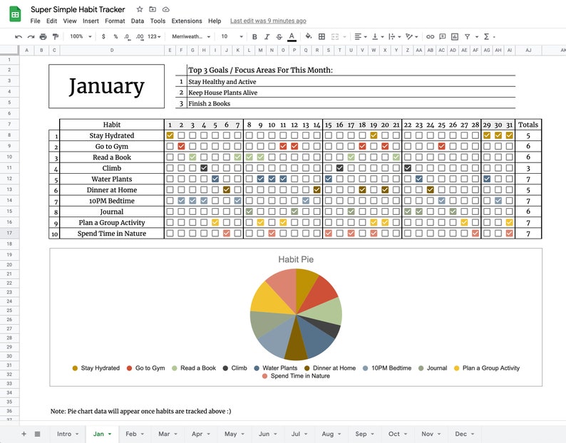 K&ouml;nnte beinhalten: Ein druckbarer Habit-Tracker f&uuml;r Januar mit einem Kreisdiagramm, das den Prozentsatz der abgeschlossenen Gewohnheiten zeigt. Die Gewohnheiten umfassen: Hydriert bleiben, ins Fitnessstudio gehen, ein Buch lesen, Klettern, Pflanzen gie&szlig;en, zu Hause essen, 22 Uhr ins Bett gehen, Tagebuch f&uuml;hren, eine Gruppenaktivit&auml;t planen und Zeit in der Natur verbringen.