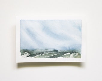 Original Watercolor Landscape Art 15, 6 x 9 Green and Blue Landscape Painting, Abstract Field Watercolor, Modern Sky Art