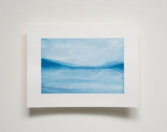 Original Watercolor Lake Art 07, Ocean Painting, Abstract Blue Watercolor, Monochrome Landscape Art, Nature Painting