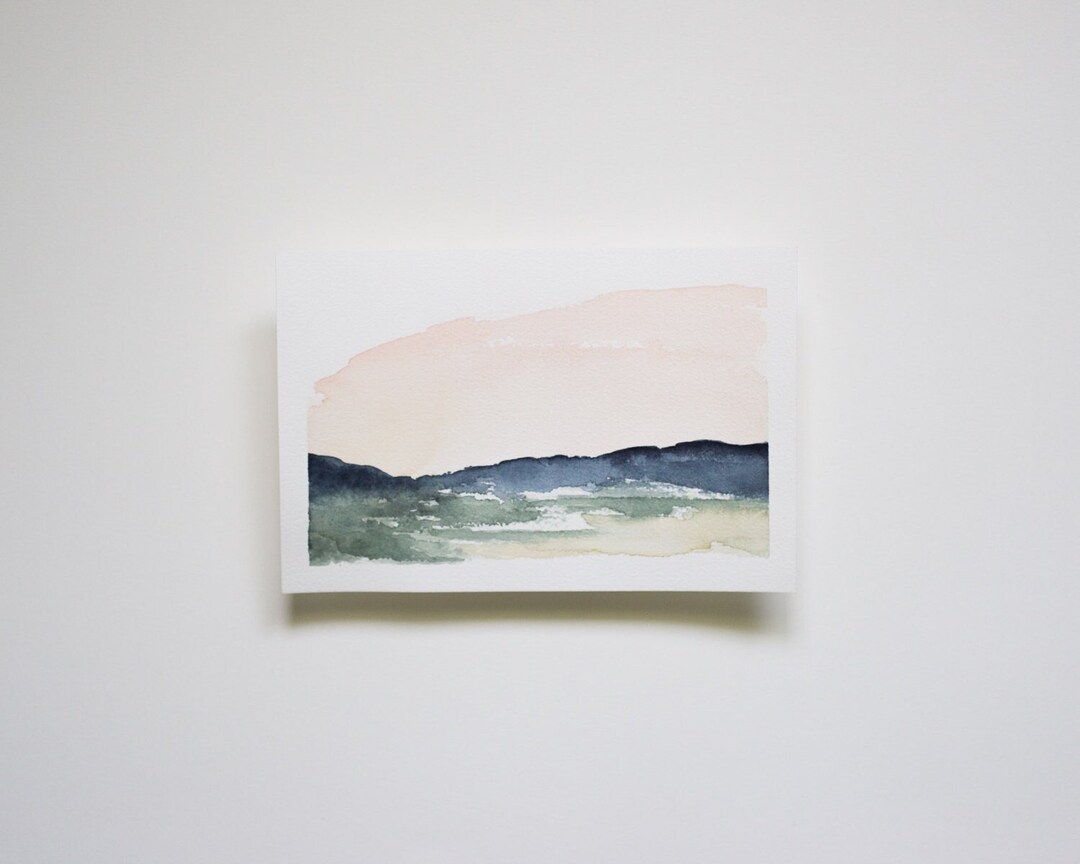 Original Watercolor Landscape Art 13, Pink and Blue Landscape Painting, Abstract Mountain