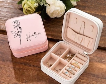 Custom Engraved Leather Jewelry Box, Personalized Jewelry Travel Case, Bridesmaid Gift, Bridal Gift, Gift For Her Birthday, Saint-Valentine
