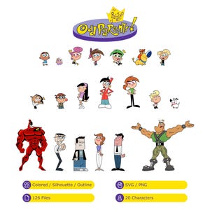 The Fairly OddParents Bundle mit Timmy Turner, Cosmo, Wanda, Poof, Sparky, A.J., Chester, Vicky (SVG, PNG, Colored, Silhouette, Outline)