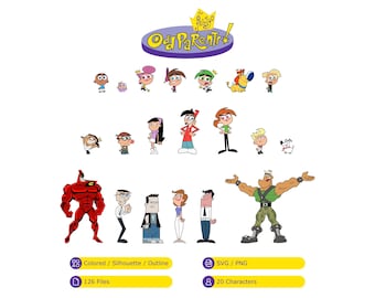 The Fairly OddParents Bundle with Timmy Turner, Cosmo, Wanda, Poof, Sparky, A.J., Chester, Vicky (SVG, PNG, Colored, Silhouette, Outline)