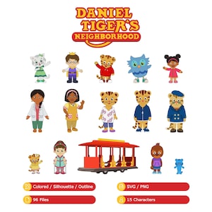 May include: A selection of colourful cartoon characters from Daniel Tiger's Neighbourhood, including Daniel Tiger, Katerina Kittycat, and O the Owl. The image also includes a trolley and text that says "Colored / Silhouette / Outline".