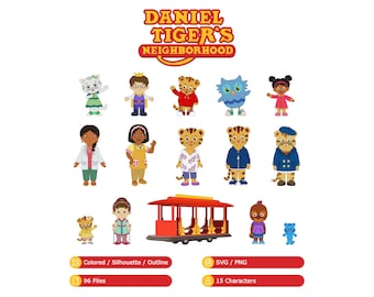 Daniel Tigers neighborhood with Daniel, Tigey, Dad, Mom, Margaret, Owl, Wednesday, Kittycat, Elaina (SVG, PNG, Colored, Silhouette, Outline)