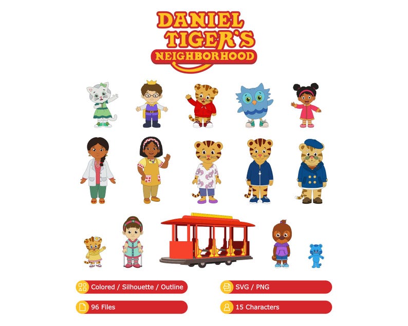 May include: A selection of colourful cartoon characters from Daniel Tiger's Neighbourhood, including Daniel Tiger, Katerina Kittycat, and O the Owl. The image also includes a trolley and text that says "Colored / Silhouette / Outline".