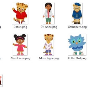 May include: A selection of cartoon character images from "Daniel Tiger's Neighbourhood." The images feature characters like Daniel Tiger and O the Owl. Each image is labelled with the character's name.