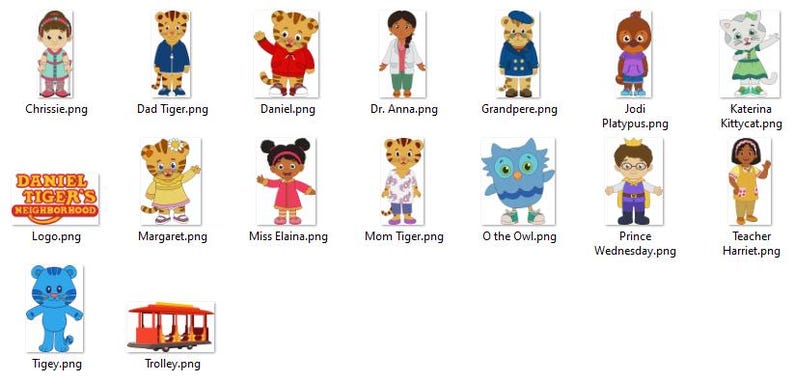 May include: A selection of cartoon character images from "Daniel Tiger's Neighbourhood." The images feature characters like Daniel Tiger and O the Owl. Each image is labelled with the character's name.