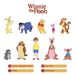 Winnie the Pooh Bundle with Winnie, Christopher, Piglet, Tigger, Eeyore, Kanga, Roo, Rabbit, Owl (SVG, PNG, Colored, Silhouette, Outline)