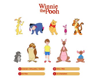 Winnie the Pooh Bundle with Winnie, Christopher, Piglet, Tigger, Eeyore, Kanga, Roo, Rabbit, Owl (SVG, PNG, Colored, Silhouette, Outline)