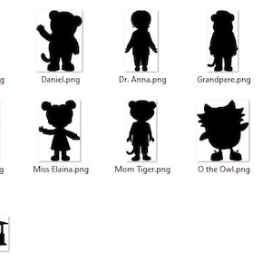 May include: A collection of black silhouette images of characters, including a trolley, a logo, and various figures labelled with names like "Chrissie," "Dad Tiger," and "Daniel." The images are in a PNG format.