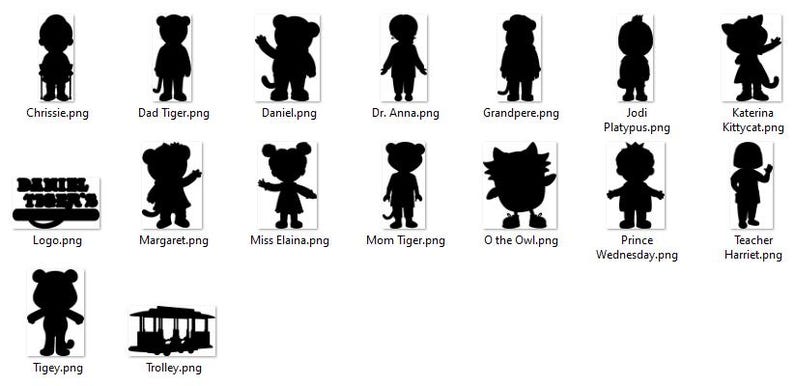 May include: A collection of black silhouette images of characters, including a trolley, a logo, and various figures labelled with names like "Chrissie," "Dad Tiger," and "Daniel." The images are in a PNG format.