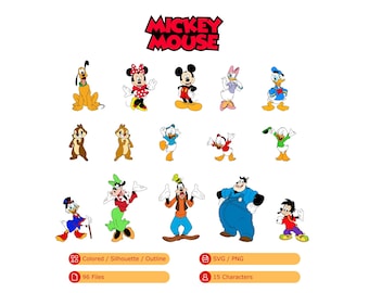 Mickey Mouse Bundle with Mickey, Minnie, Donald Duck, Daisy Duck, Pluto, Goofy, Dewey, Huey, Louie (SVG, PNG, Colored, Silhouette, Outline)