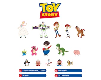 Toy Story Bundle with Woody, Buzz, Jessie, Bullseye, Bo Peep, Rex, Hamm, Lotso, Forky, Potato head (SVG, PNG, Colored, Silhouette, Outline)