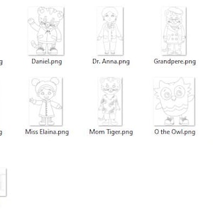 May include: A series of line drawings of characters from "Daniel Tiger's Neighbourhood." The images feature characters such as Daniel, O the Owl, and Miss Elaina, alongside the show's logo. Each character is identified by their name.