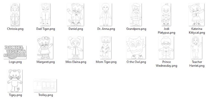 May include: A series of line drawings of characters from "Daniel Tiger's Neighbourhood." The images feature characters such as Daniel, O the Owl, and Miss Elaina, alongside the show's logo. Each character is identified by their name.